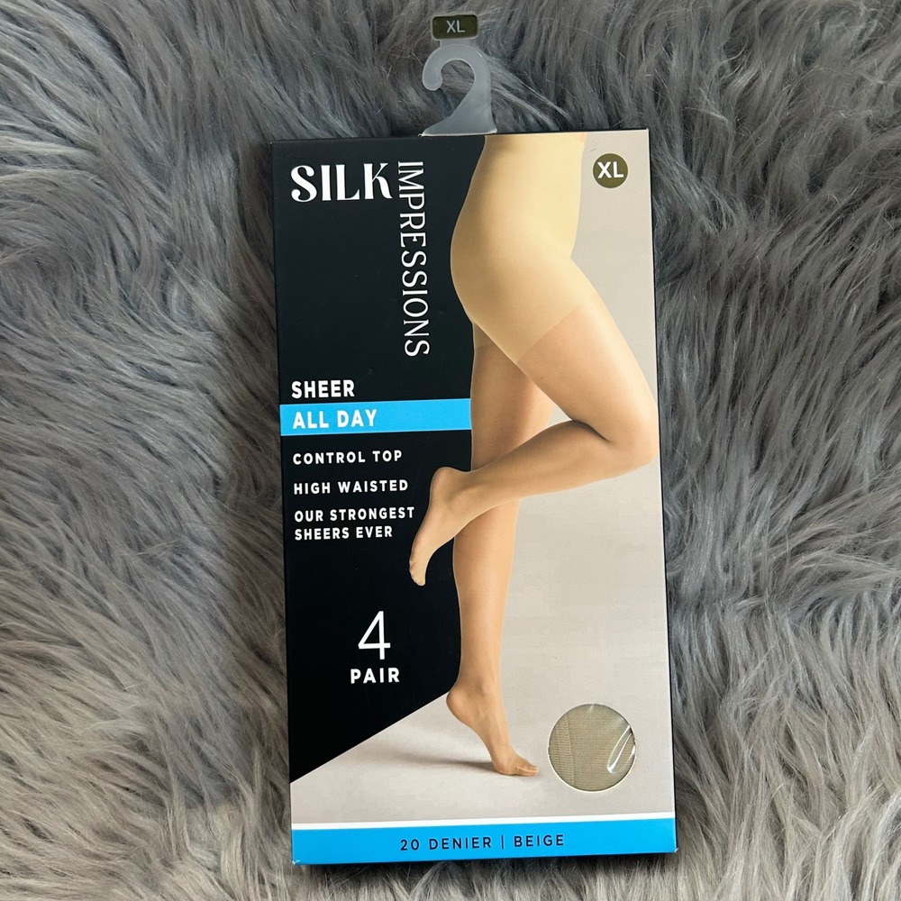 Silk Impressions Sheer Control Top Tights Womens Size‎ XL Beige High Waisted
